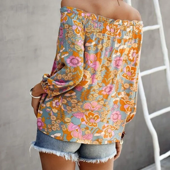 Boho Floral Print Off Shoulder Blouse - Picture 3 of 7
